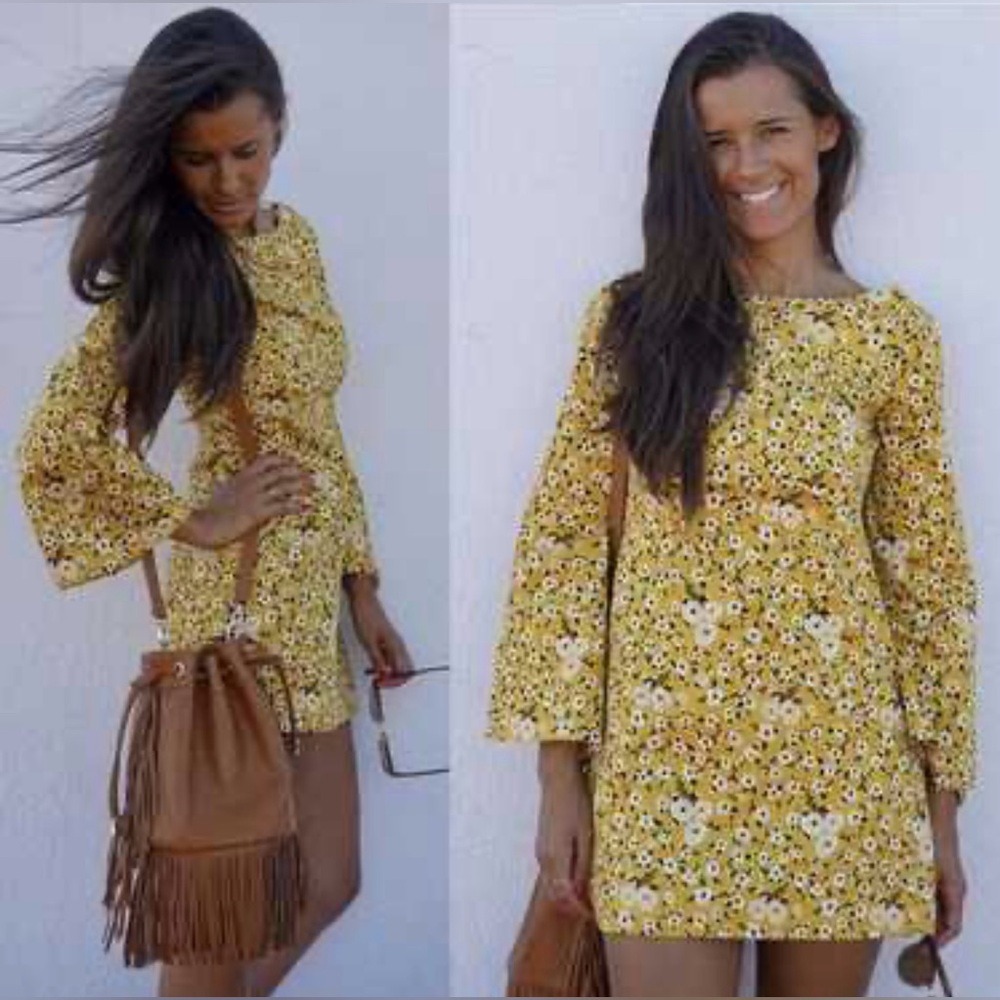 SOLD Zara Yellow Floral Mini Dress with Bell Sleeves